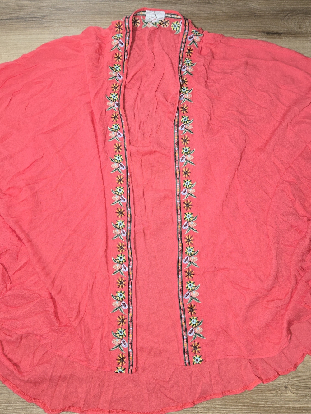 Coral Embroidered Open-Front Kimono